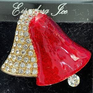Eisenberg Ice Christmas Brooch Pin Bells Red Enamel Austrian Crystal Jewelry